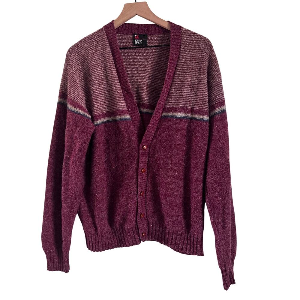 Vintage Robert Bruce Wool Blend Donegal Knit Sweater Cardigan Burgundy Large